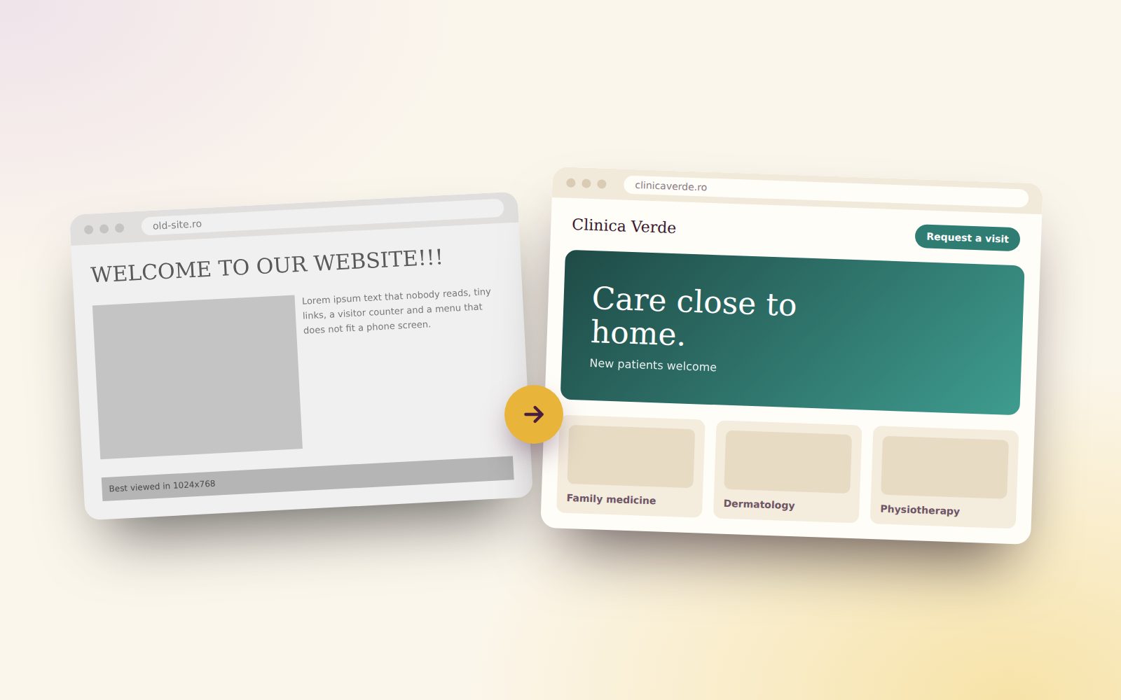 An old grey website next to a bright, modern redesign of a clinic website