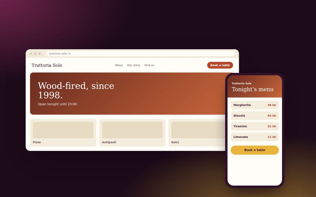 Trattoria Sole sample restaurant website on a laptop and phone